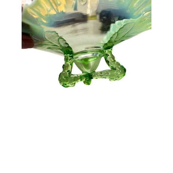 Vintage Green Opalescent Pressed Glass 3 Footed Ruffled Design Candy Dish 8 1/2" - Picture 5 of 9